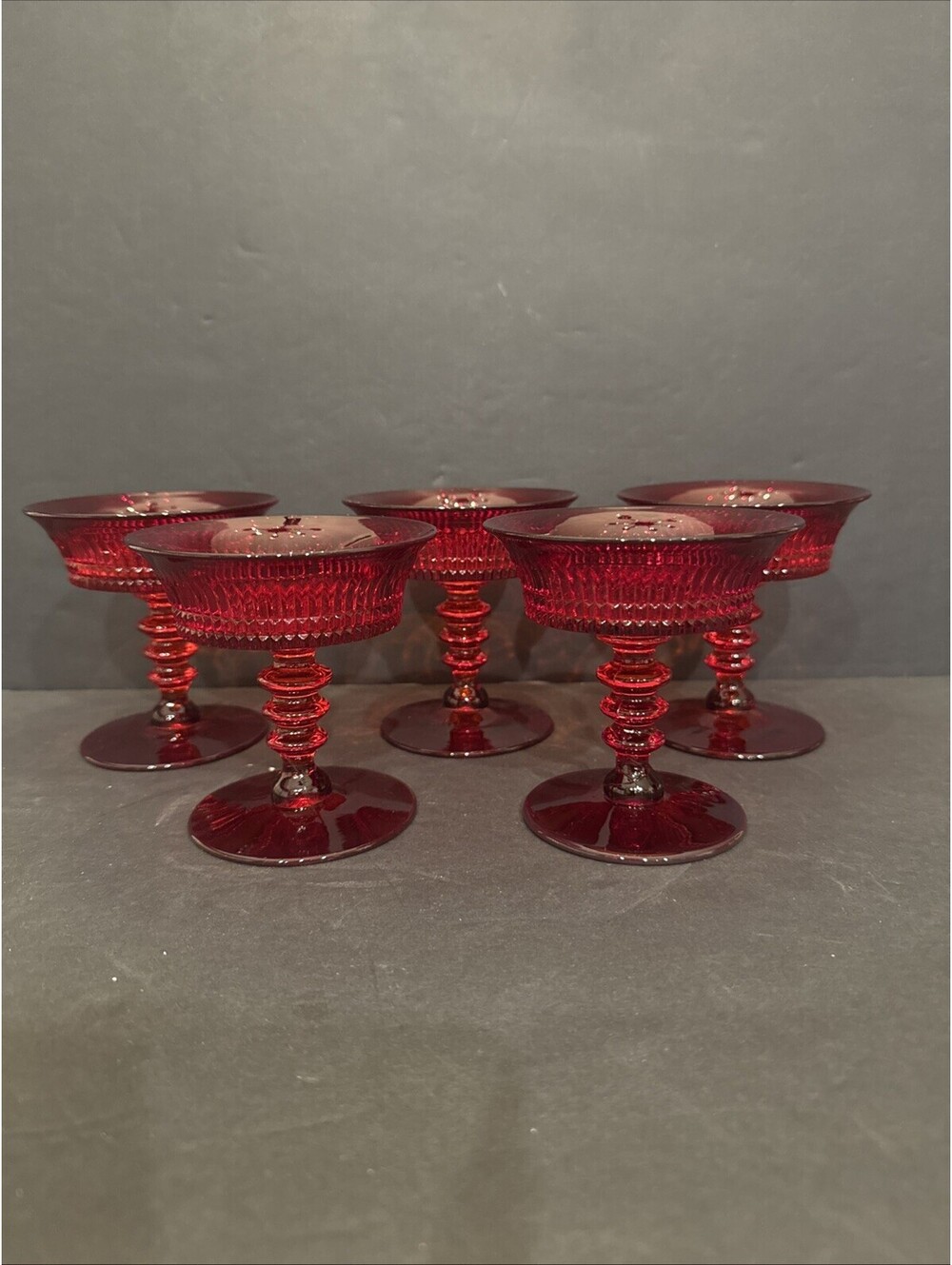 Vtg Fenton Art Glass (5) Lincoln Inn Ruby Red Champagne Sherbet Glasses 1930’s